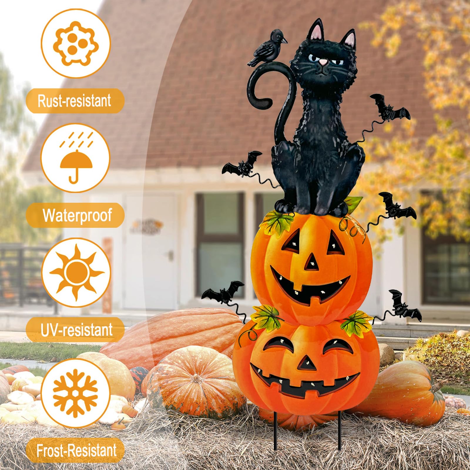 Decorazioni di Halloween all'aperto, gatto nero in metallo a batteria con pipistrelli di zucca illuminato timer per esterni, spaventoso Halloween Yard Art per patio, cortile, prato, interno