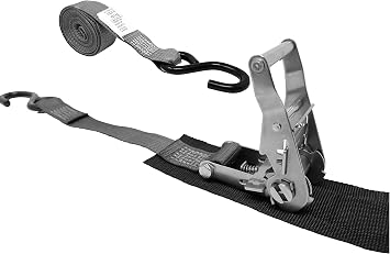 1.5 Inch Ratchet Strap, Stainless Steel Ratchet with Wide Handle, Protective Pad Under Buckle, Vinyl Coated S Hook On Both Ends, Total Strap Length 10 Ft, Polyester Tie-Down Webbing