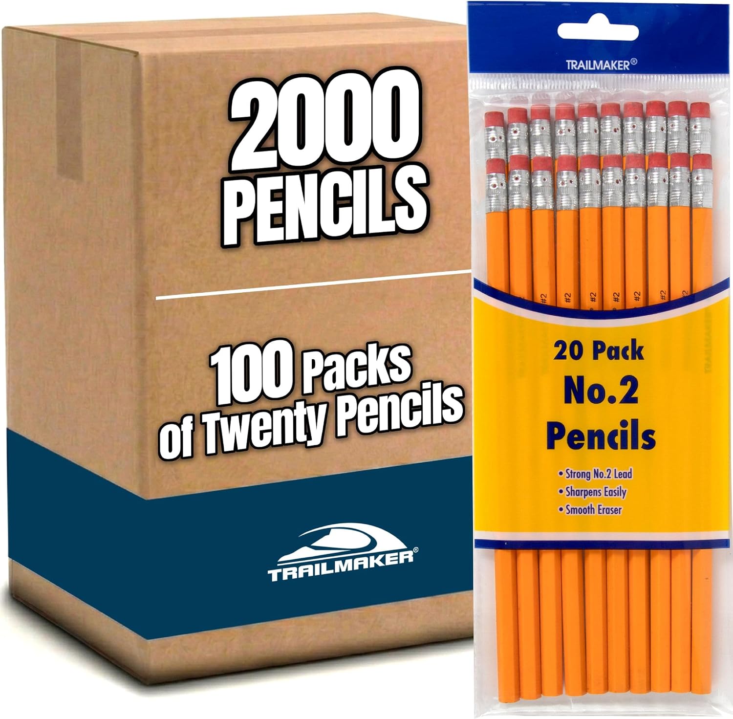 Trail maker 2,000#2 Pencils Unsharpened, Bulk for School, Office Supplies | Wholesale Wood Cased #2 HB Pencils (100 20-Packs)