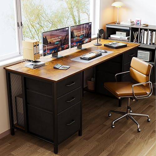 Miniatura 4 de ODK Escritorio de oficina de 63 pulgadas con 6 cajones de tela, escritorio grande para computadora para oficina en casa con estantes de