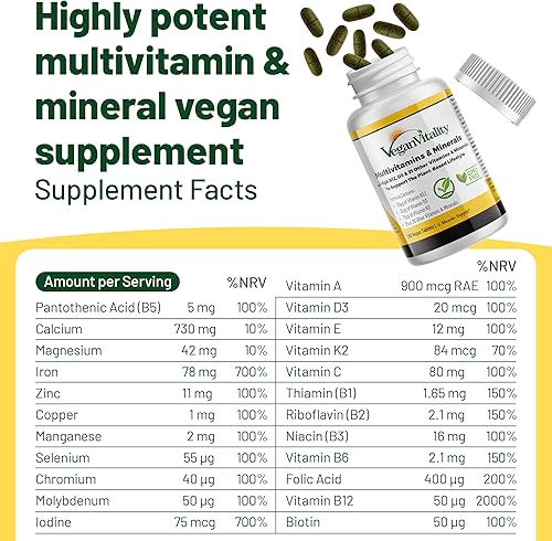 Miniatura 6 de Multivitamínicos y minerales veganos con vitamina B12, D3 y K2. 180 tabletas multivitamínicas - suministro de 6 meses. Vitaminas para veganos y