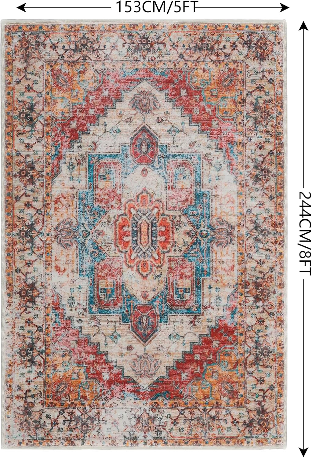 Comeet Area Rug 5x8, Living Room Bedroom Rug, Washable Vintage Area Rug Anti Slip Floor Carpet for Dining Room Home Orange/Blue