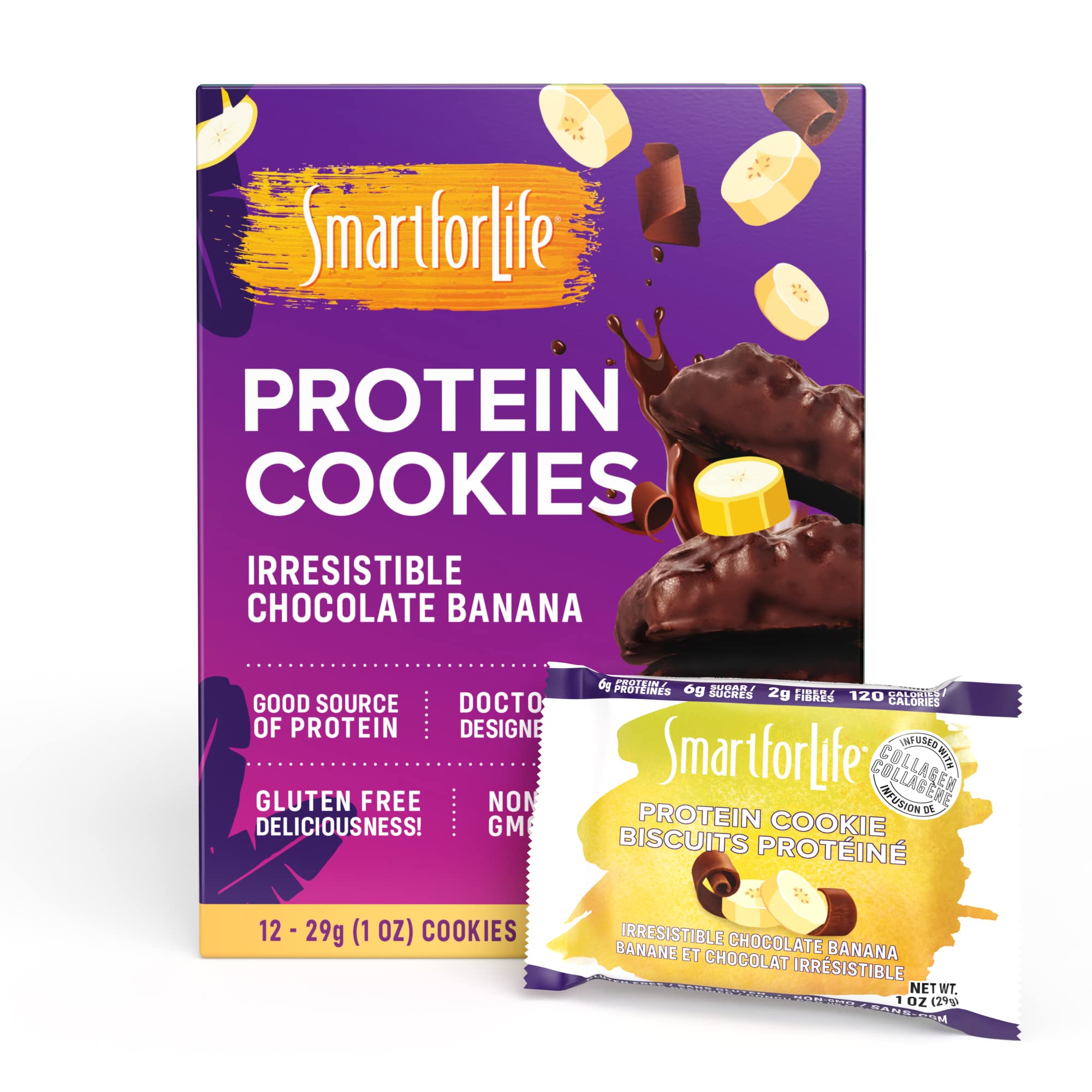 Smart for Life Biscoitos proteicos sabor chocolate e banana, 6 g de proteína, 12 unidades