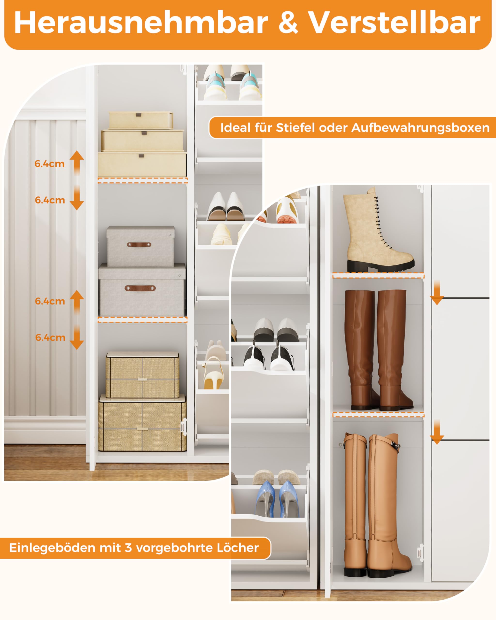 IRONCK Schuhschrank mit 3 Klappen, Schuhkipper Schmal mit Tür, Schuhregal Flur freistehend, Schuhkommode mit verstellbaren Trennwände, Schuhablage Schrank für Eingang Wohnzimmer, 77x30x112cm, Weiß