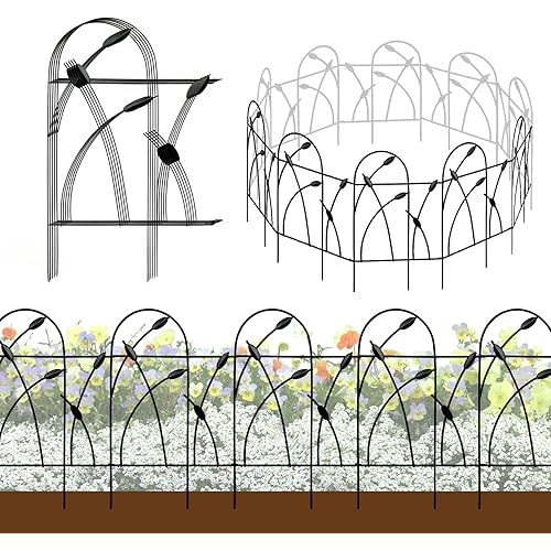 Metal Decorative Garden Fence Border, 32 in.H x 19.5 in.W (10 Panels, Total Length 16 feet) No Dig Fence Rustproof Wrought Iron Landscape Fencing for Flower Bed, Trees, Animal Barrier, Black