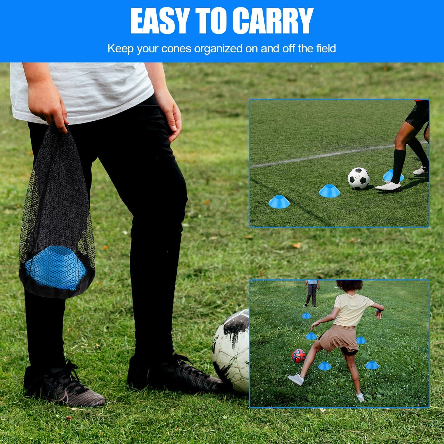 XIHIRCD 25pcs Disc Soccer Cones for Sports Training, Mini Football Cones & Mesh Carry Bag Flexible Agility Premium Training for Basketball Football Running Drills Sports Games Skating