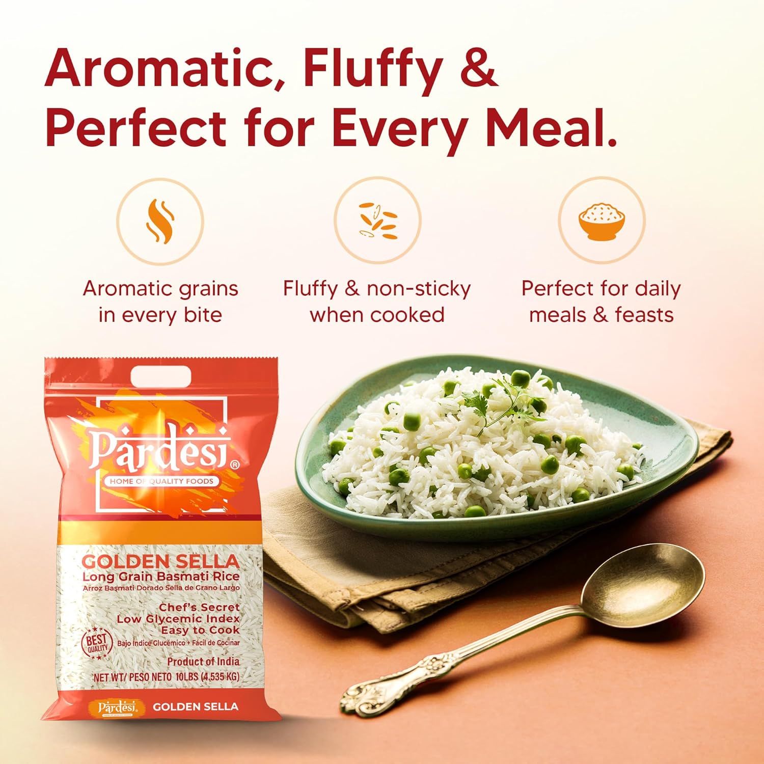 Pardesi Golden Sella Basmati Rice 10LB - Golden Sella Basmati for Biryani, Pulao & Everyday Rice | Halal, Non-GMO | Premium Quality
