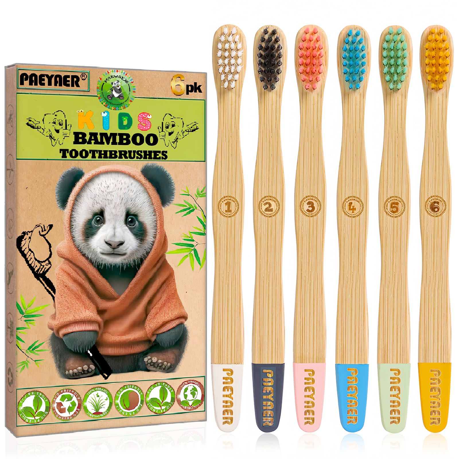 paeyaer 6 Pack Bamboo Kids Toothbrushes - Extra Soft Toothbrush for Kids - Natural Toothbrush Set Designed for Children Ages 3 and Up (Multicolor)