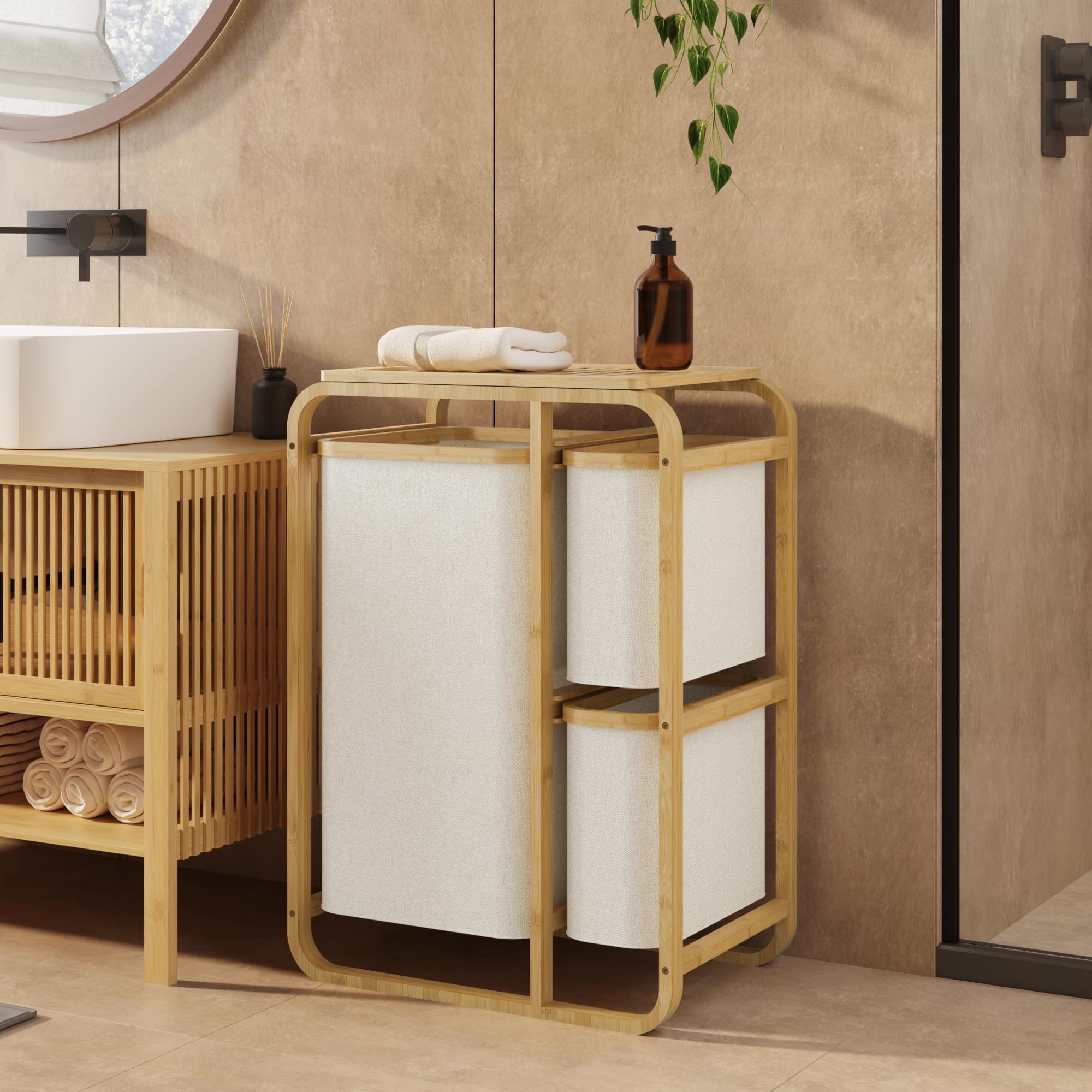 [en.casa] Mobile Portabiancheria in Bambù con Ripiano a Doghe e 3 Sacchi Estraibili per Bucato 70,5 x 49,5 x 33 cm - Beige