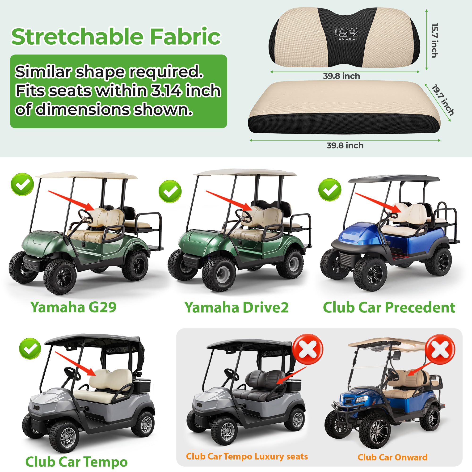 10L0L Golf Cart Sitzbezüge-Set, waschbares Polyester-Netzgewebe, passend für Club Car DS und Precedent, Yamaha Electric Golf Carts, Beige + Black-fits Club Car DS & Precedent, Yamaha