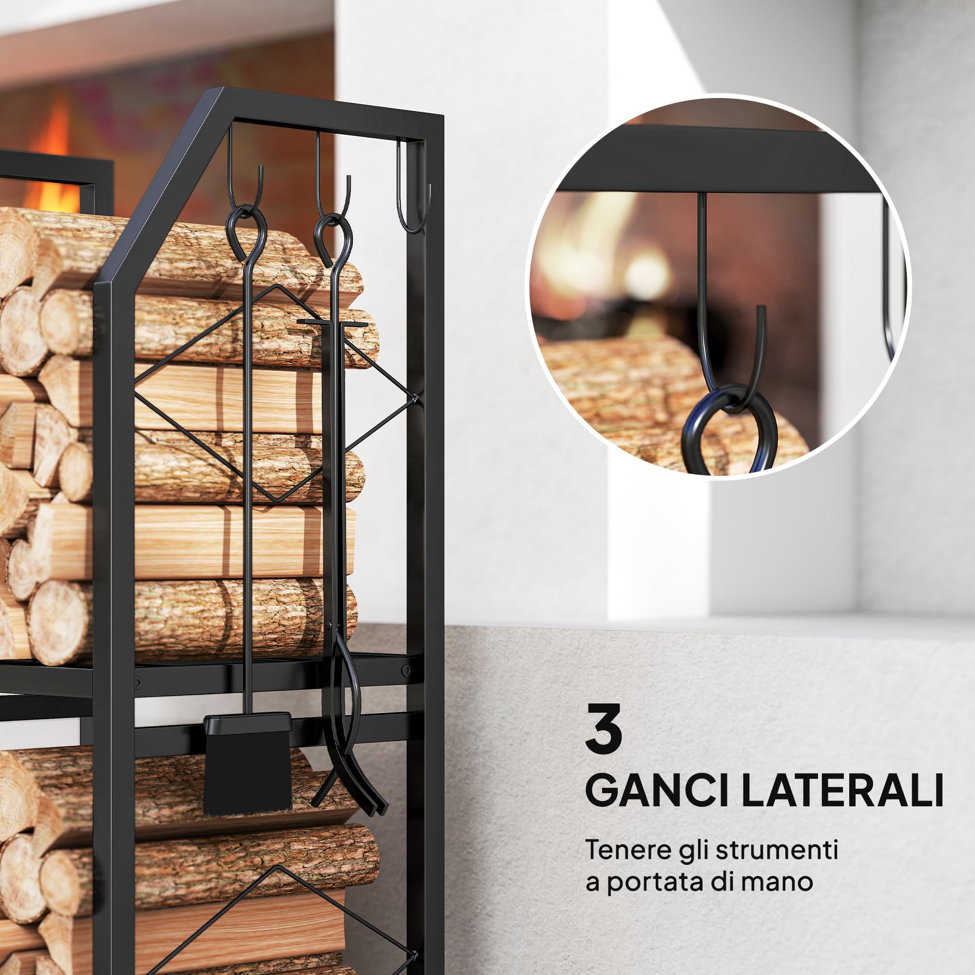 Outsunny Porta Legna in Metallo 2 Livelli 3 Ganci 100kg 41x30x81 cm Nero