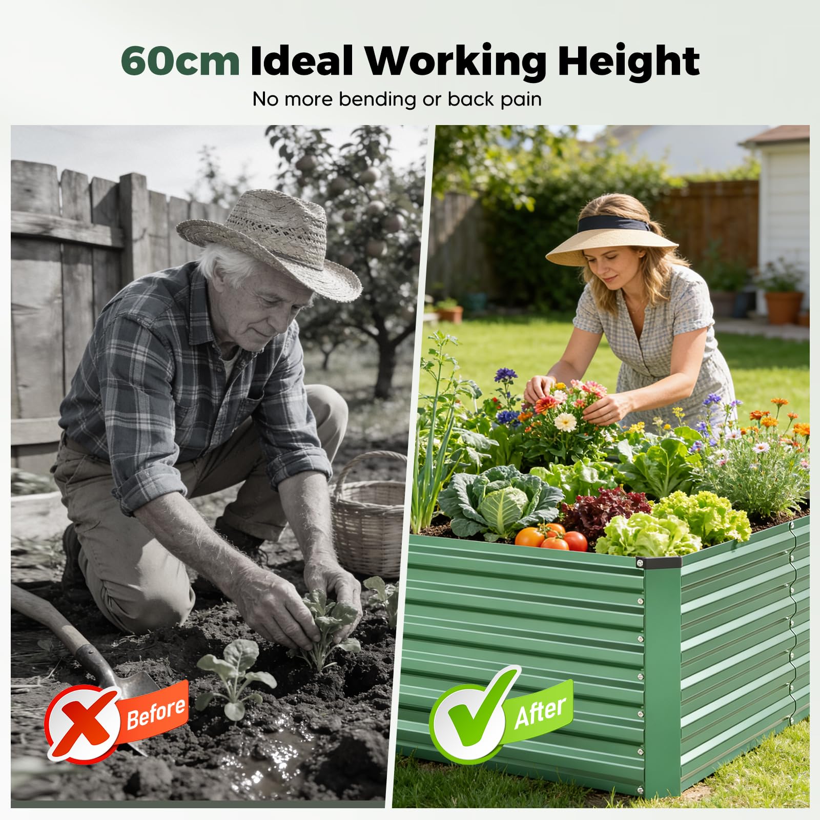 Bancal de metal para plantas, 240 x 120 x 60 cm, juego de jardinera alta para exteriores con barras de apoyo, tejido de sombra y red de protección; caja abierta de acero galvanizado para verduras