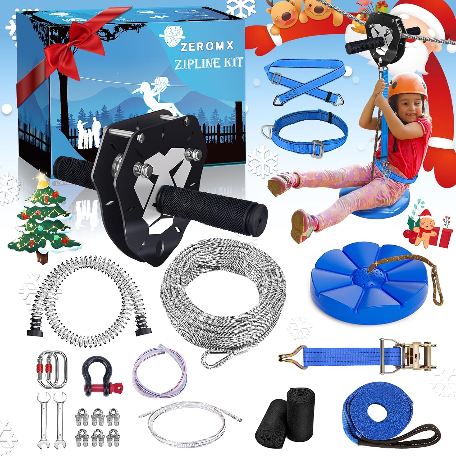 Zip Line Kit 120ft 150ft for Kids Adults Up to 380lb – Removable Lion Trolley, 6.5ft Spring Brake, Upgraded Ratchet System, Safety Harness, Tree Protectors, Seat – Outdoor Backyard Zipline Set 150 ft