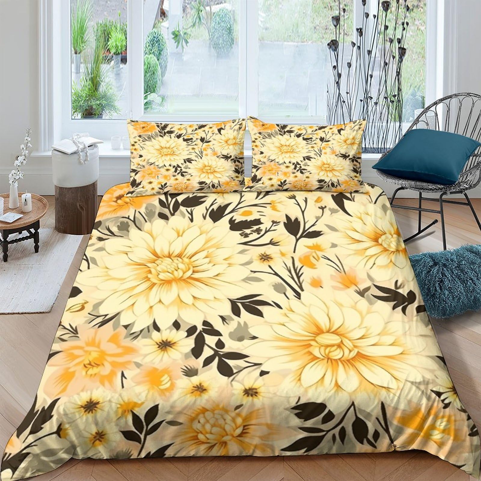 Housse de couette fleurs jaunes 200x200 cm avec ses 2 taies d'oreillers multicolores
