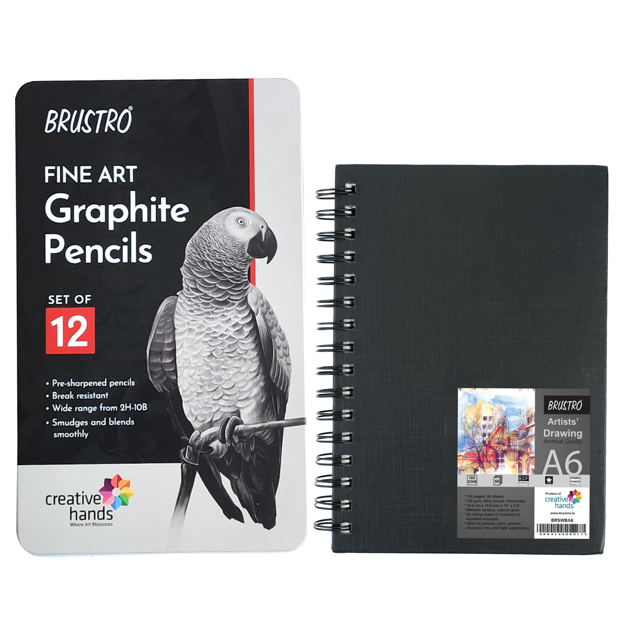 BRUSTRO Artists ' FINEART - Juego de 12 lápices de grafito (10B-2H) con cuaderno de bocetos Brustro Artists tamaño A6, encuadernado con espiral, 116 páginas, 160 g/m²