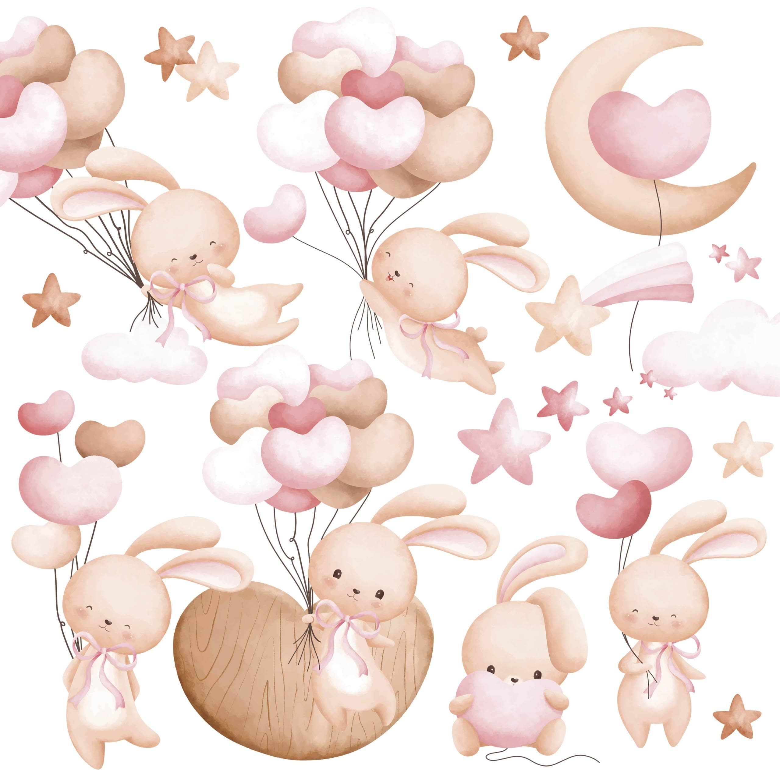 Muralo Sticker Set für Mädchen und Jungen - Aquarell Aufkleber Wandsticker Tattoo für Kinderzimmer - Wandaufkleber Süße Häschen Motiv - Br.120cm x Hö.60cm