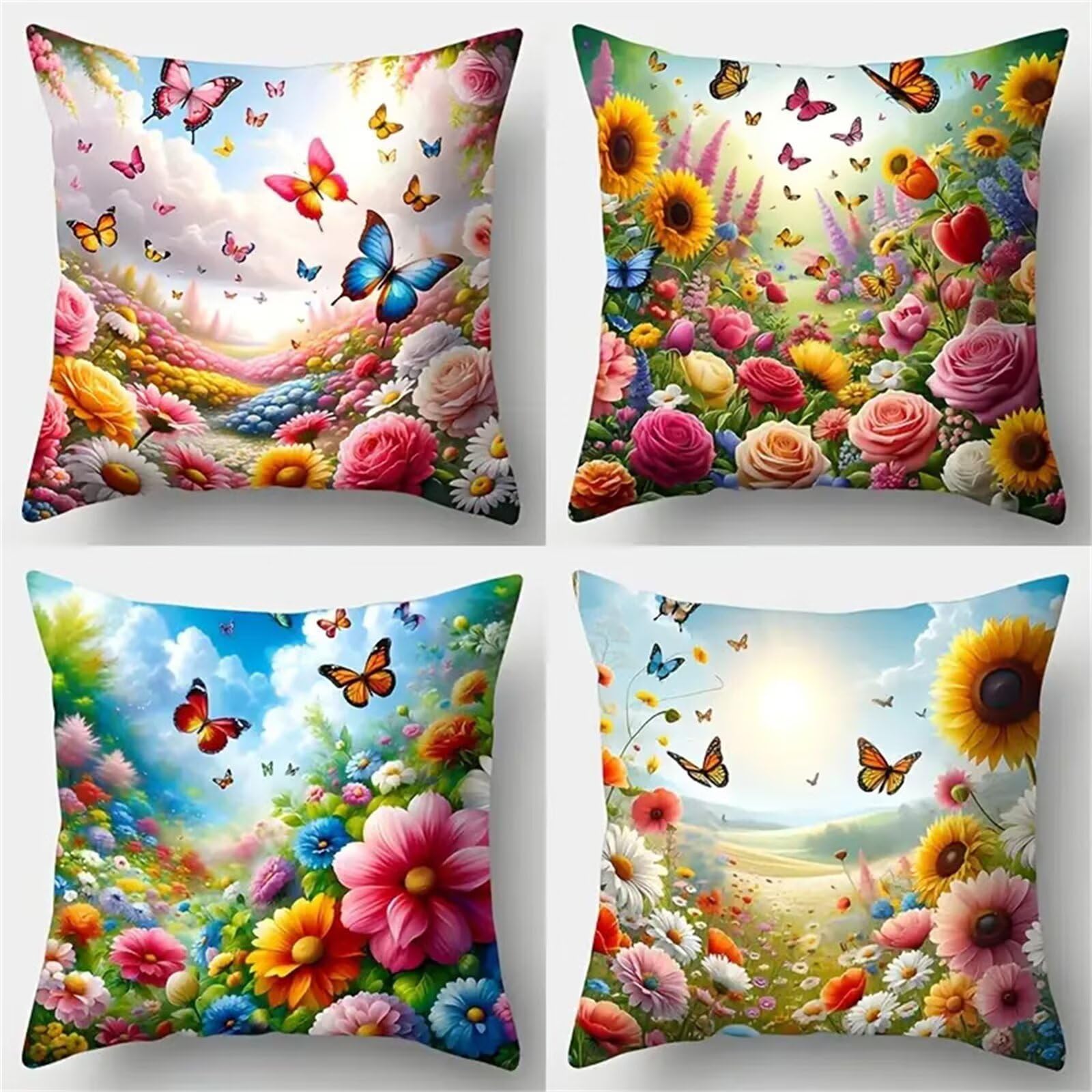 Housses de Coussin 50x50 cm Lot de 4 - Fleurs Papillon - en Lin Doux et Respirant - Taies d'oreiller Décoratives avec Fermeture Éclair Dissimulée pour Canapé, Salon et Chambre
