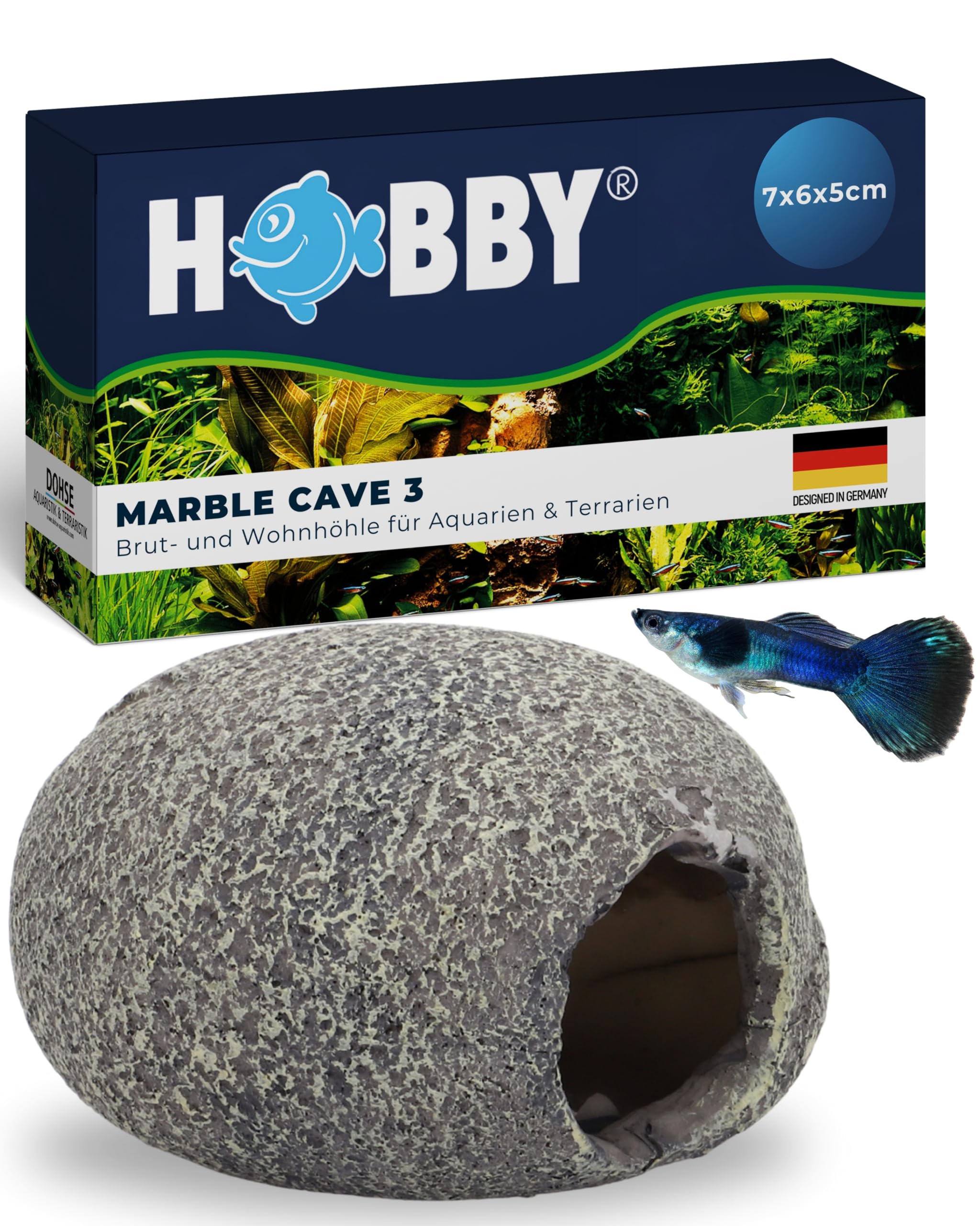 HOBBY Aquaristik Marble Cave 3 I 7 x 6 x 5 cm I Brut- und Versteckhöhle für Aquarien I Aquarium Dekoration I Deko Höhle für Zwergbuntbarsche, Welse und Garnelen I natürliches Aquariumzubehör