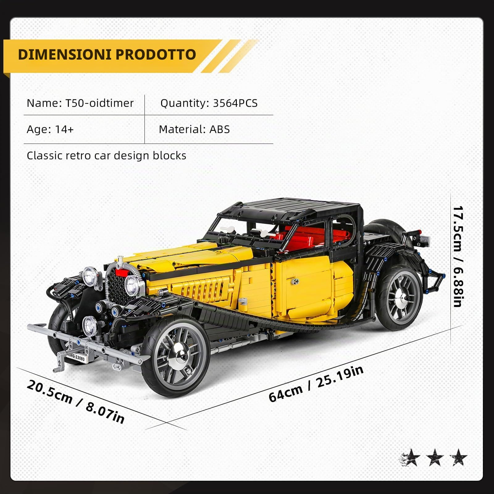 Mould King 13080 High-Tech Vintage Car T50 Building Kit, 3564+ PCS MOC Engineering Model Set, Veicolo da collezione per adulti e appassionati
