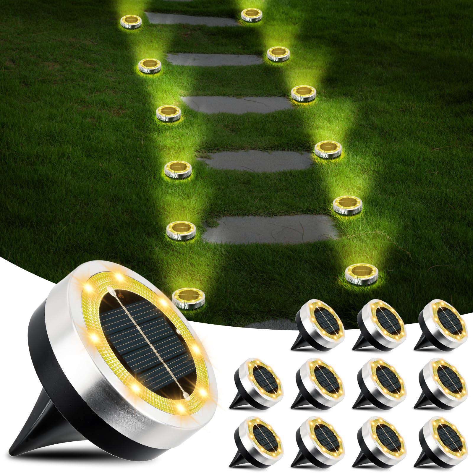 12 Paquetes Luz Solar Exterior Jardin,Luces Solares LED Exterior Jardin Suelo,8 LED Luces solares led exterior jardin,IP65 Impermeable,para Exteriores,Jardín,Césped,Pasarela