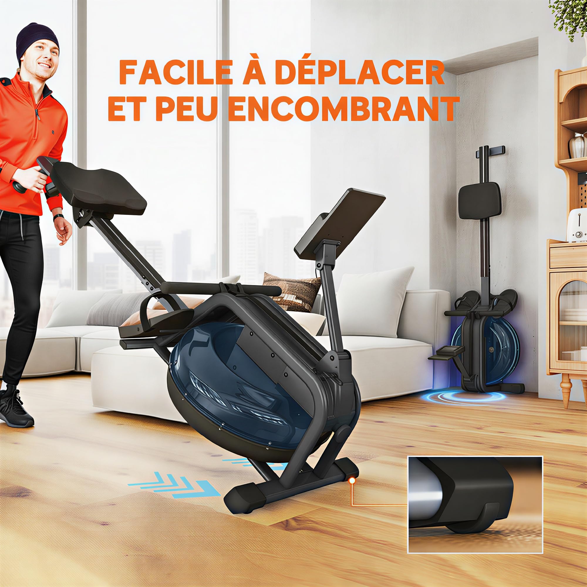 SPORTNOW Rameur à Eau pour Musculation d'appartement, 6 Niveaux de résistance, écran LCD avec Support Tablette, Rangement Vertical à roulettes, Charge Max 135 kg, Acier