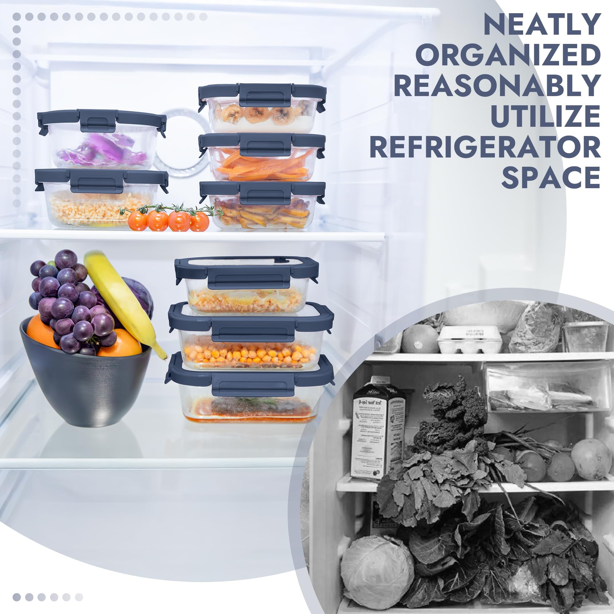 Confezione da 10 contenitori per alimenti in vetro borosilicato, ermetici, adatti al forno (da -15,6 °C a 510 °C), senza BPA, 4,4 e 1,6 tazze, a prova di perdite, lavabili in lavastoviglie