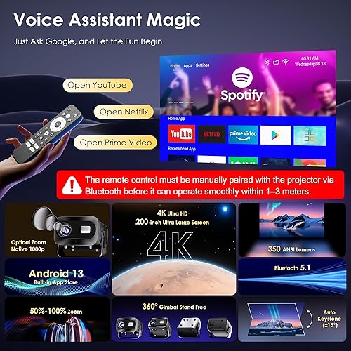 Miniatura 2 de Proyector con WiFi y Bluetooth, enfoque eléctrico y Keystone vertical, soporte HD 4K de 1080P, proyector inteligente con aplicaciones de transmisión