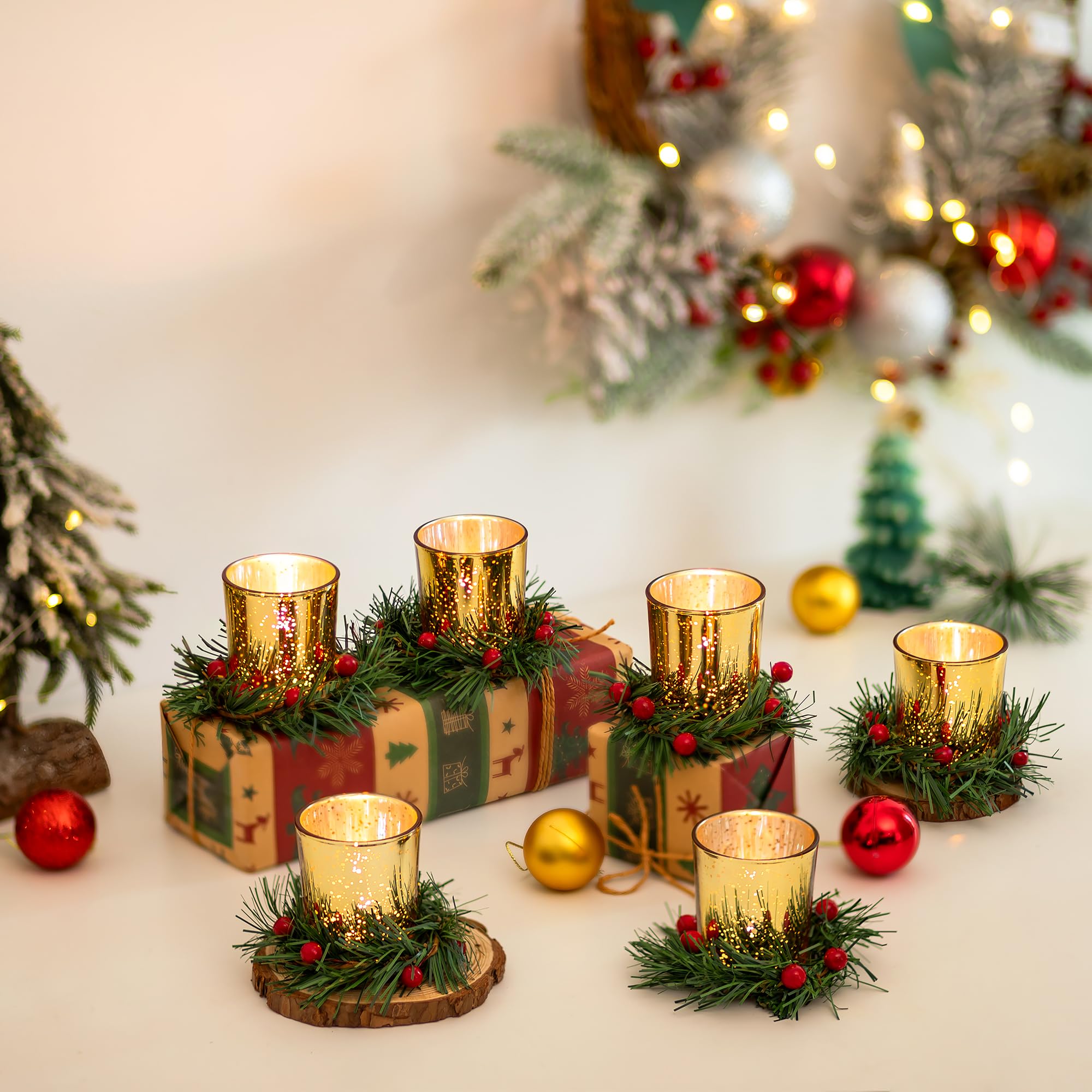 Glasseam Portacandelitas De Navidad: Portavelas De Oro con Anillo para Velas Set De 12 Portacandelitas De Cristal para Centro De Mesa NavideñO Portavelas Votivas De Mercurio para DecoracióN del Hogar