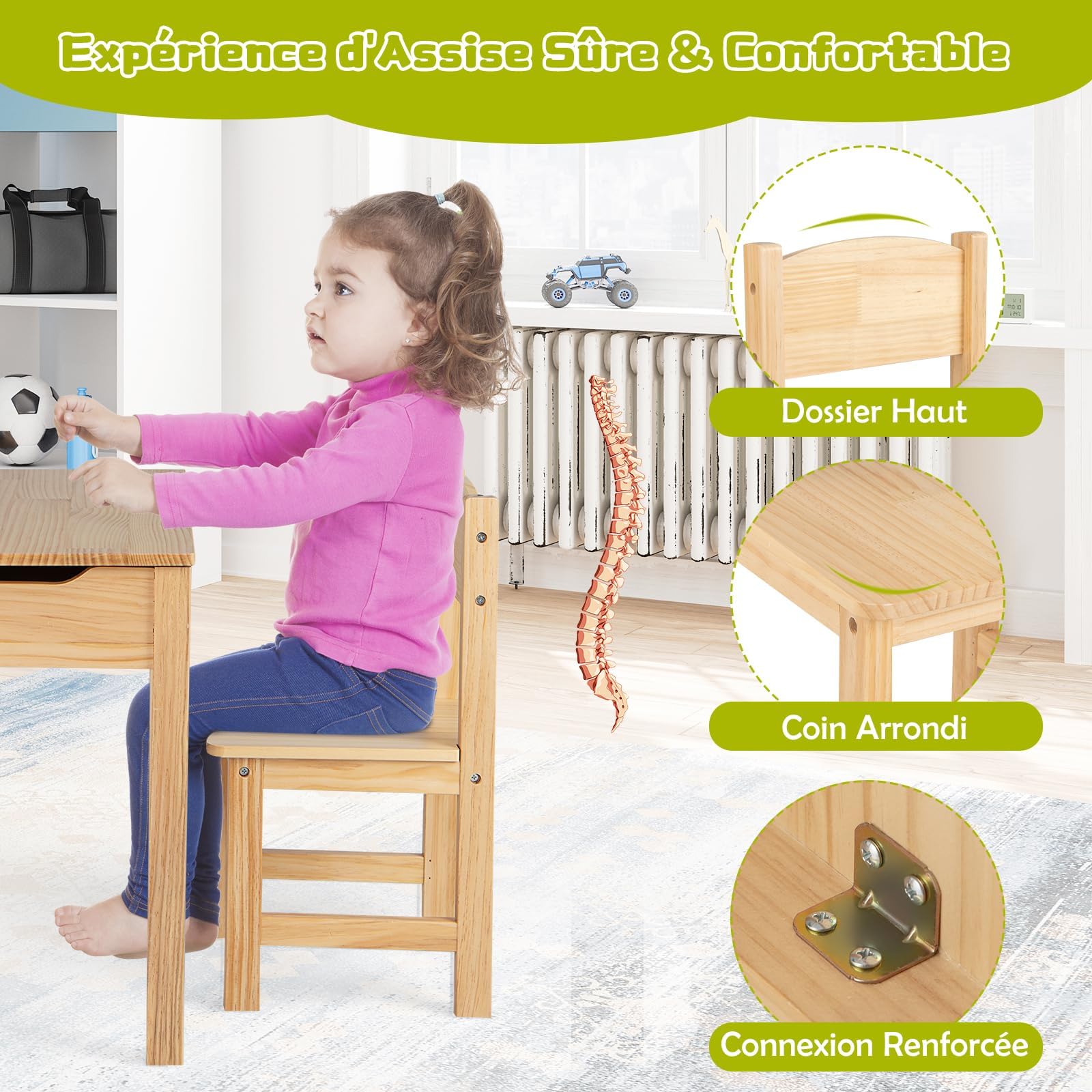 GOPLUS Bureau Enfant avec Chaise en Bois de Pin, Table à Dessin avec Rouleau Papier, Bureau d'Écriture avec Rangement, Charge 50kg, Naturel