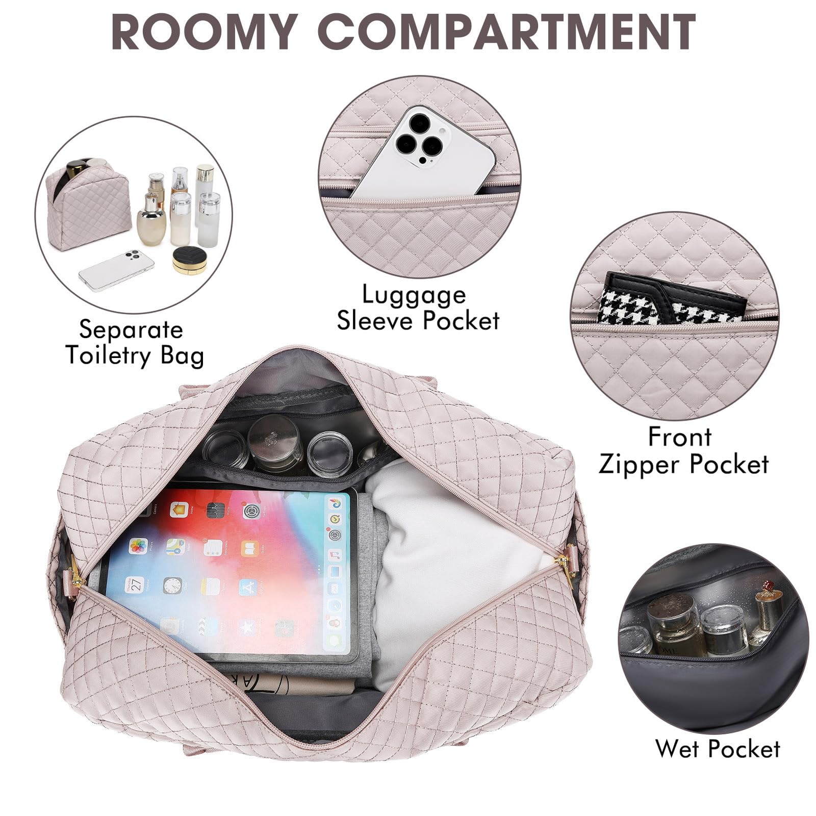 Weekender Travel Duffle Bag Women - Weekender Bags for Womens with Shoe Compartment Toiletry Bag Carry on Overnight Bag Gym Duffel Bag Wet Pocket Hospital Bags for Labor and Delivery Beige view 4