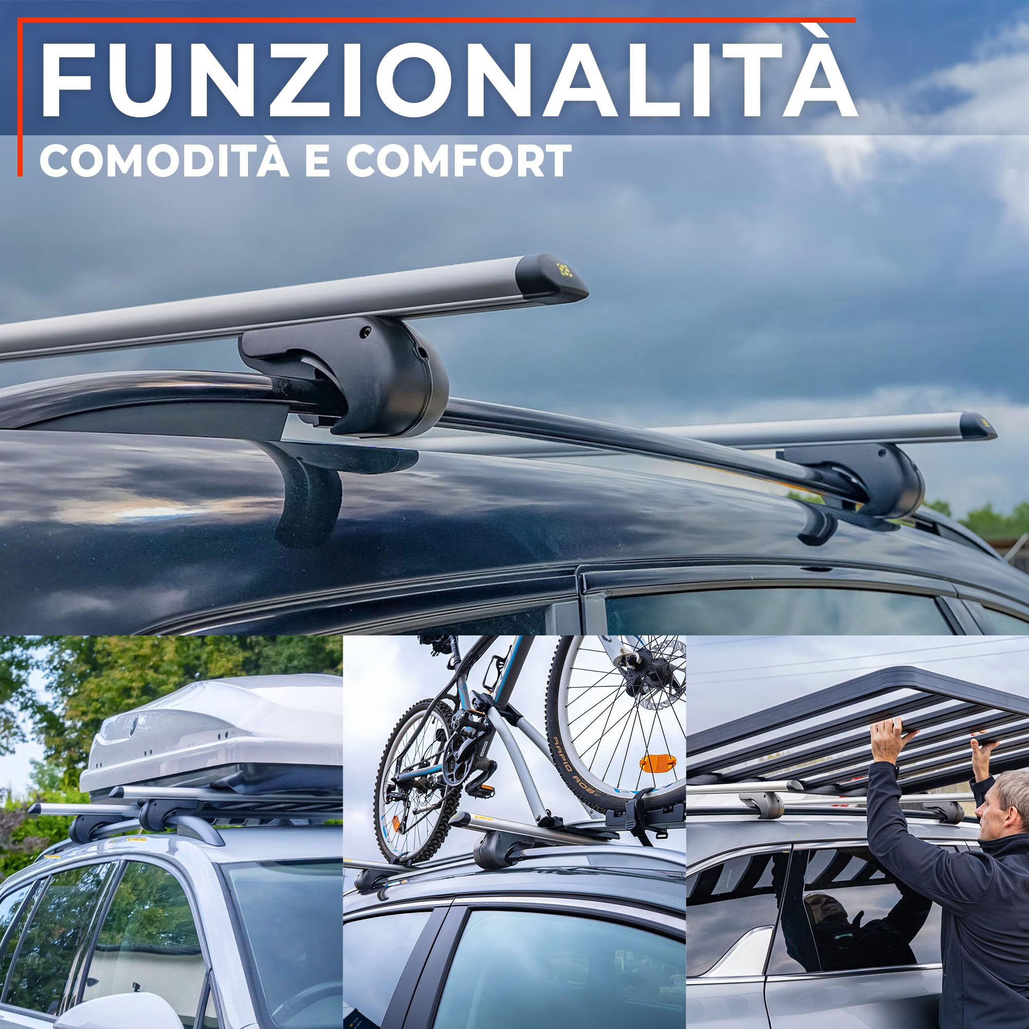CHAOS RACKS | Universale Portapacchi da Tetto per Barre Longitudinali Aperte; Barre Portatutto | Trasporta in Sicurezza Box da Tetto, Portabici | Struttura Leggera e Resistente in Alluminio | 120 cm