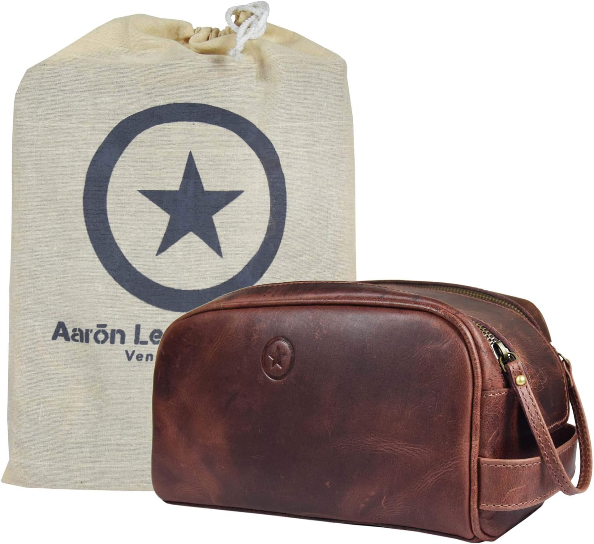 Leather Toiletry Bag for Men | Grooming Travel Kit | With Waterproof Lining | By Aaron Leather (Dark Brown)