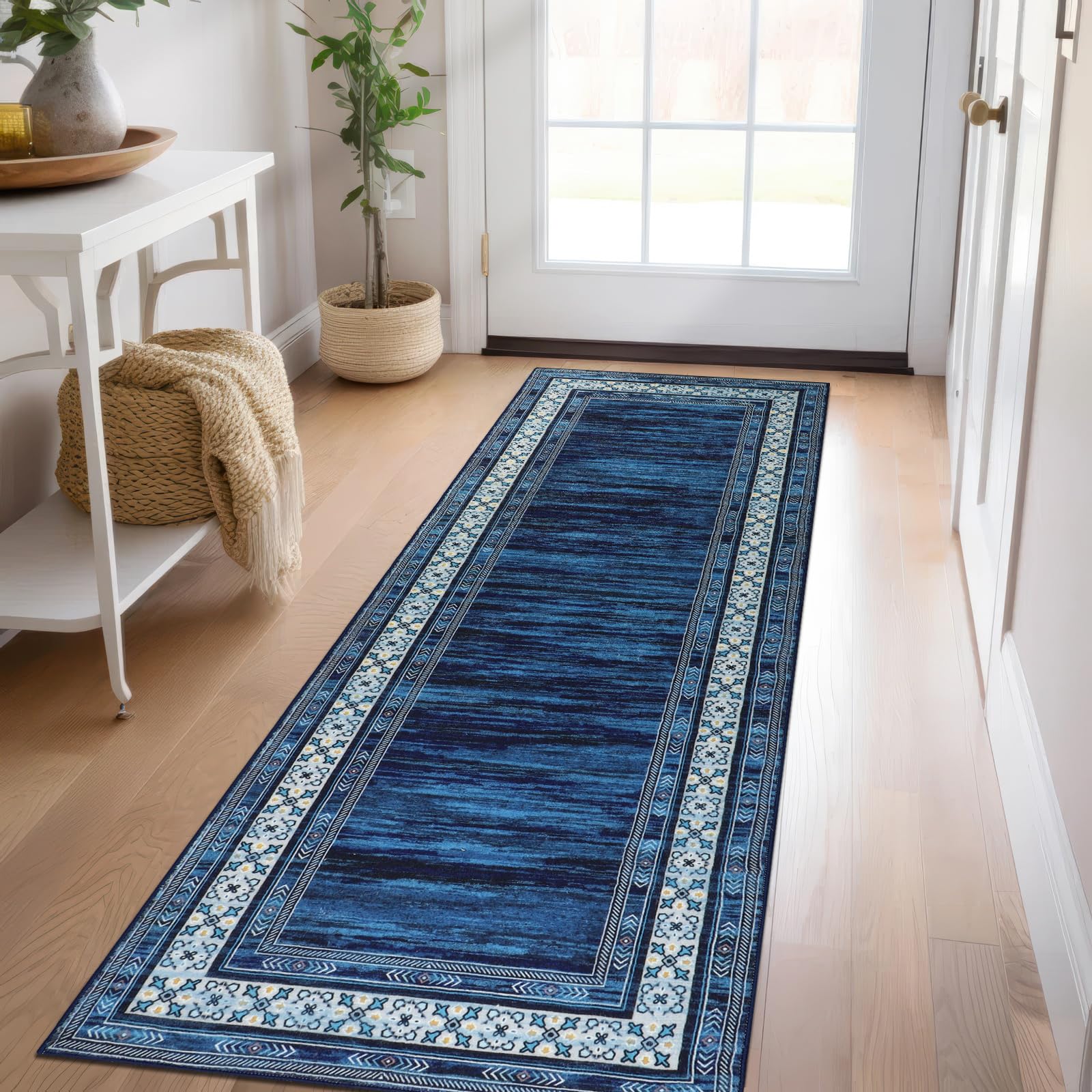 IMIYOKU Läufer Teppich Flur Küche Teppiche rutschfest waschbarer und Rutschfester Küchen Teppich, Modern Viereck Geometrisch Design Flur Küche Wohnzimmer Diele Blau 65x240 cm