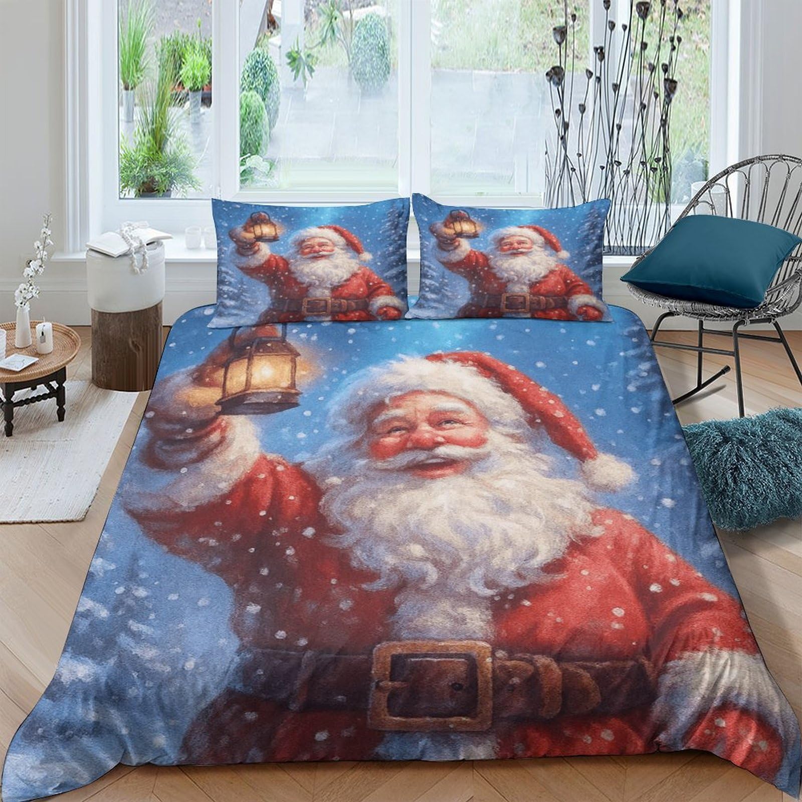 GPLZQXKJNH 3D Printed Santa Claus Christmas Duvet Cover Microfiber Soft Breathable Snow Lantern Bedding Set with 2 Pillowcases for Bedroom Home Decor Single（135x200cm）