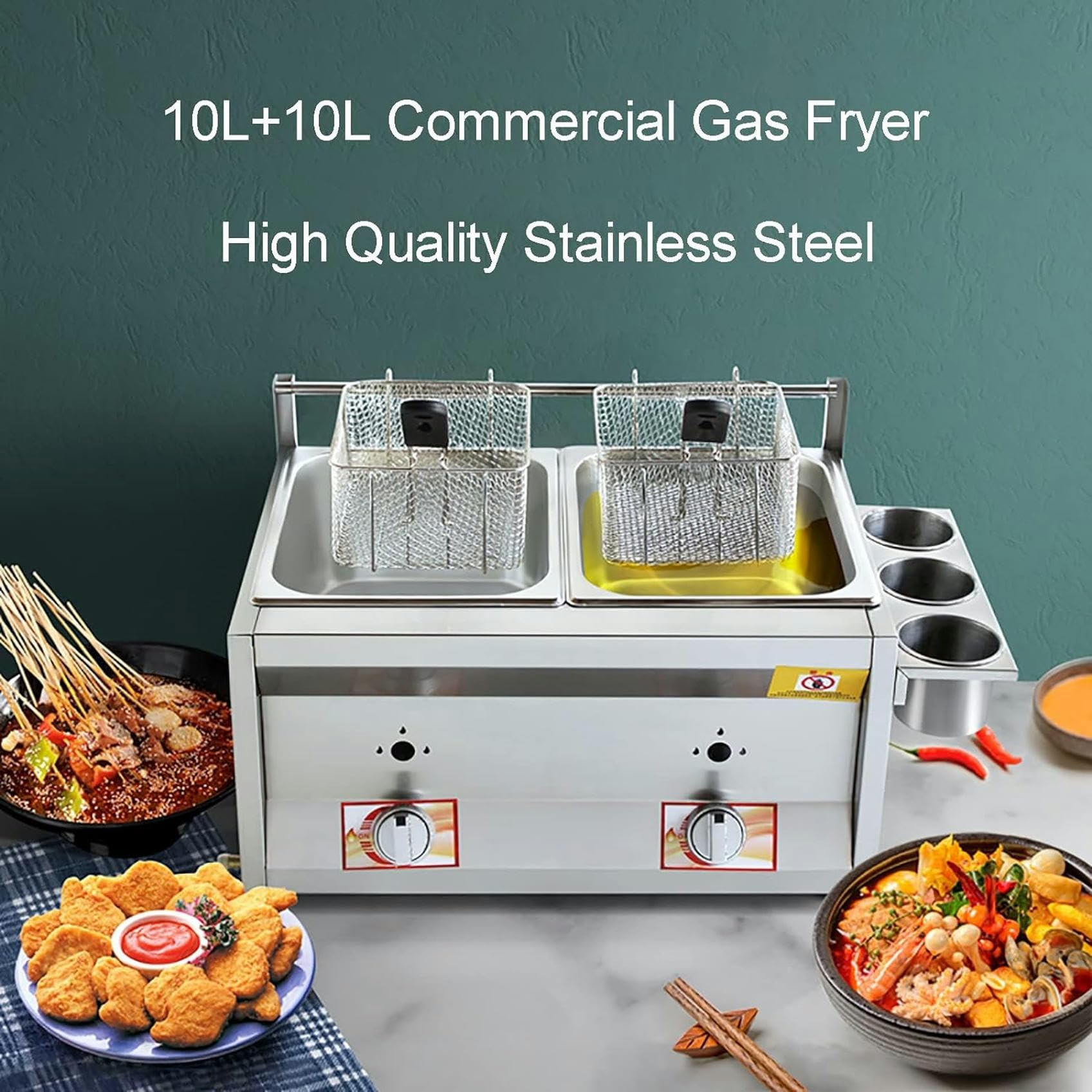 Friggitrice a gas professionale, friggitrice doppia GPL in acciaio inox da 10 l + 10 l, controllo della temperatura indipendente, con 2 cestelli per friggere, per friggitrice a gas da cucina