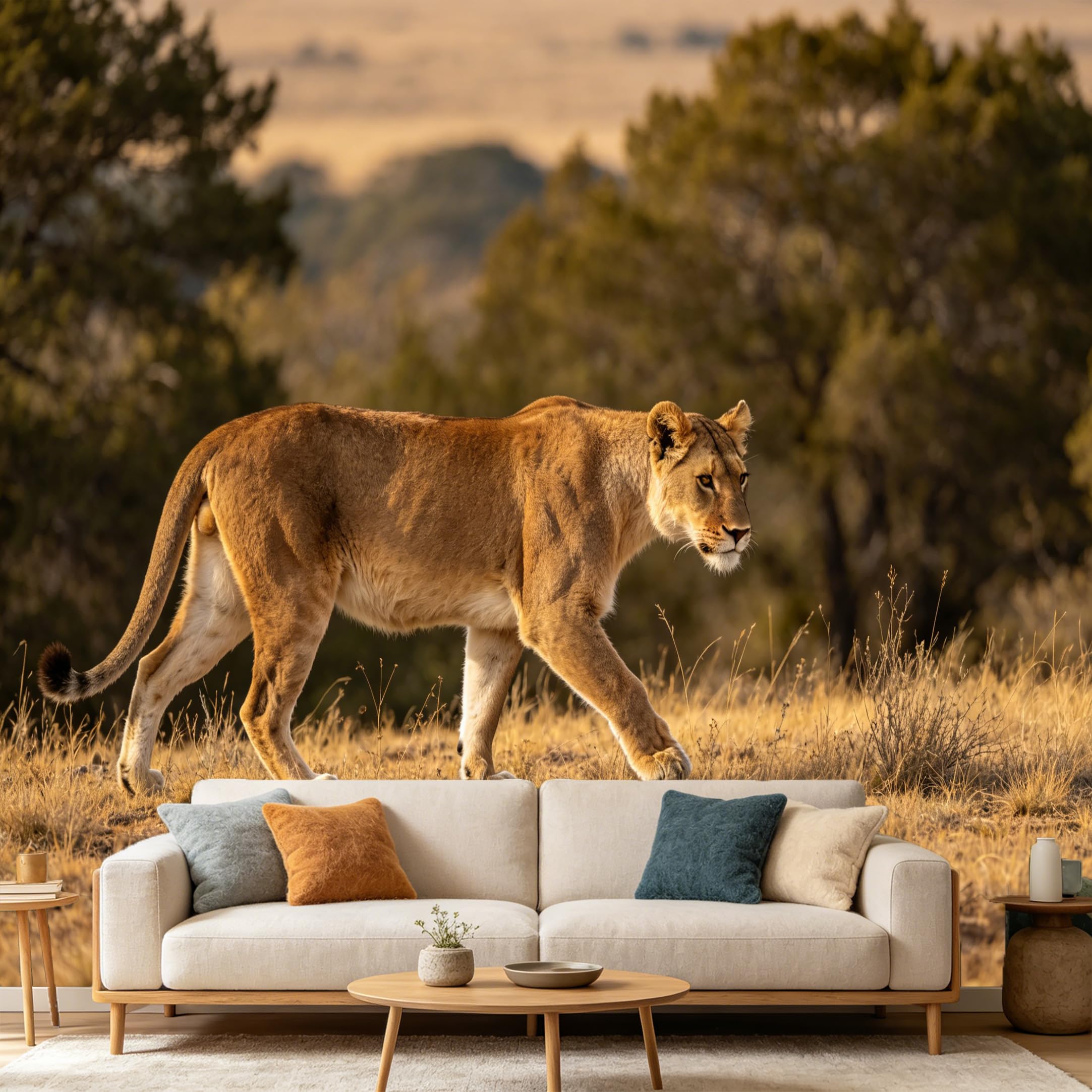 Custom Size Wall Mural African Lion Wildlife Landscape Safari Nature Photography SelfAdhesive Art Prints wall Fabric（No PVC） Removable Wallpaper Home Bedroom Decor