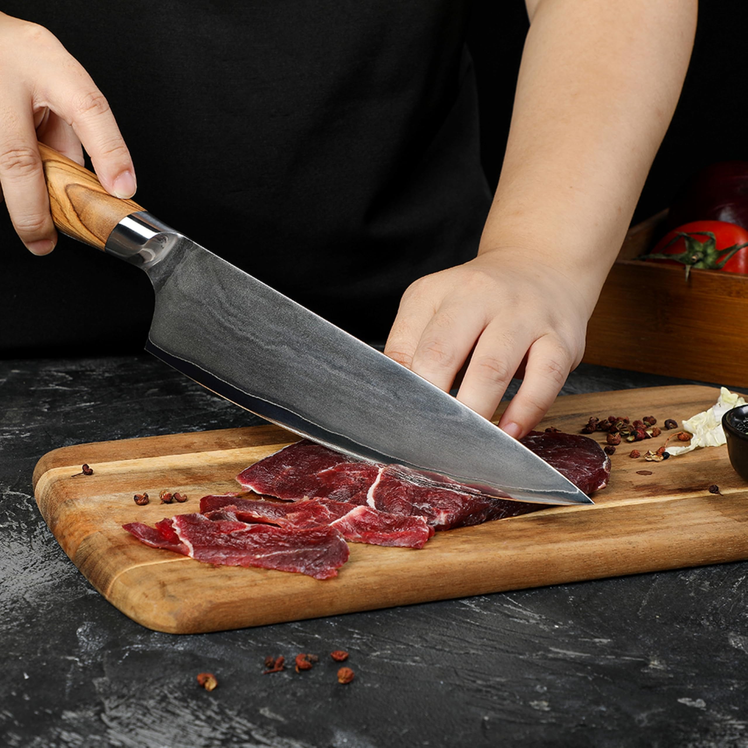 MEG Gyuto 206mm kute w San Mai nóż szefa kuchni, 3-warstwowy, ergonomiczny uchwyt z drewna oliwnego, certyfikat do użytku profesjonalnego, pudełko z drewna akacjowego, idealne na prezent