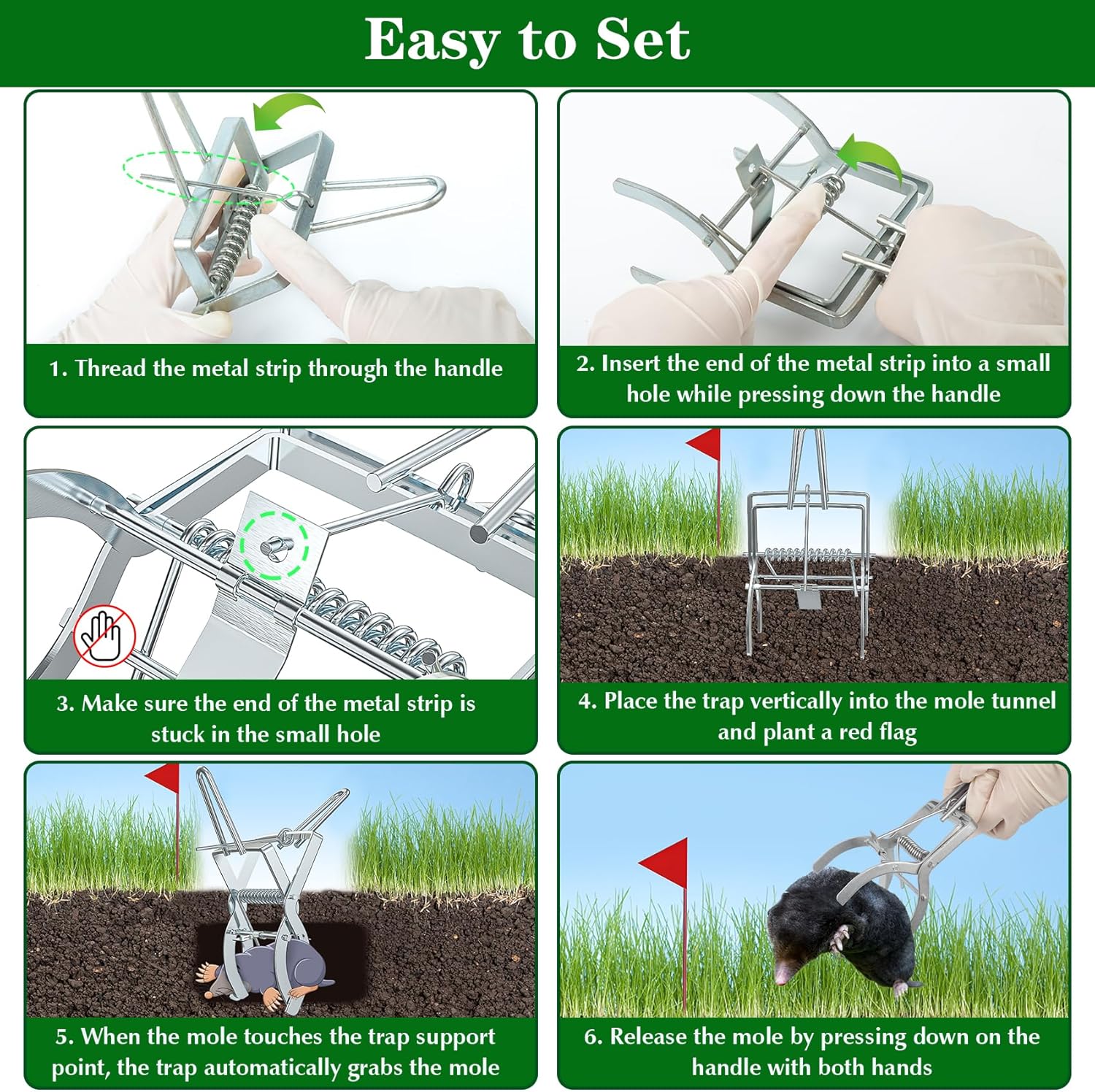 4 Pack Mole Traps that Kill Best, Mole Trap Easy to Set, Galvanized Steel Gopher Traps for Lawns, Reusable Quick Capture Gopher Hawk Vole Trap Outdoor Use