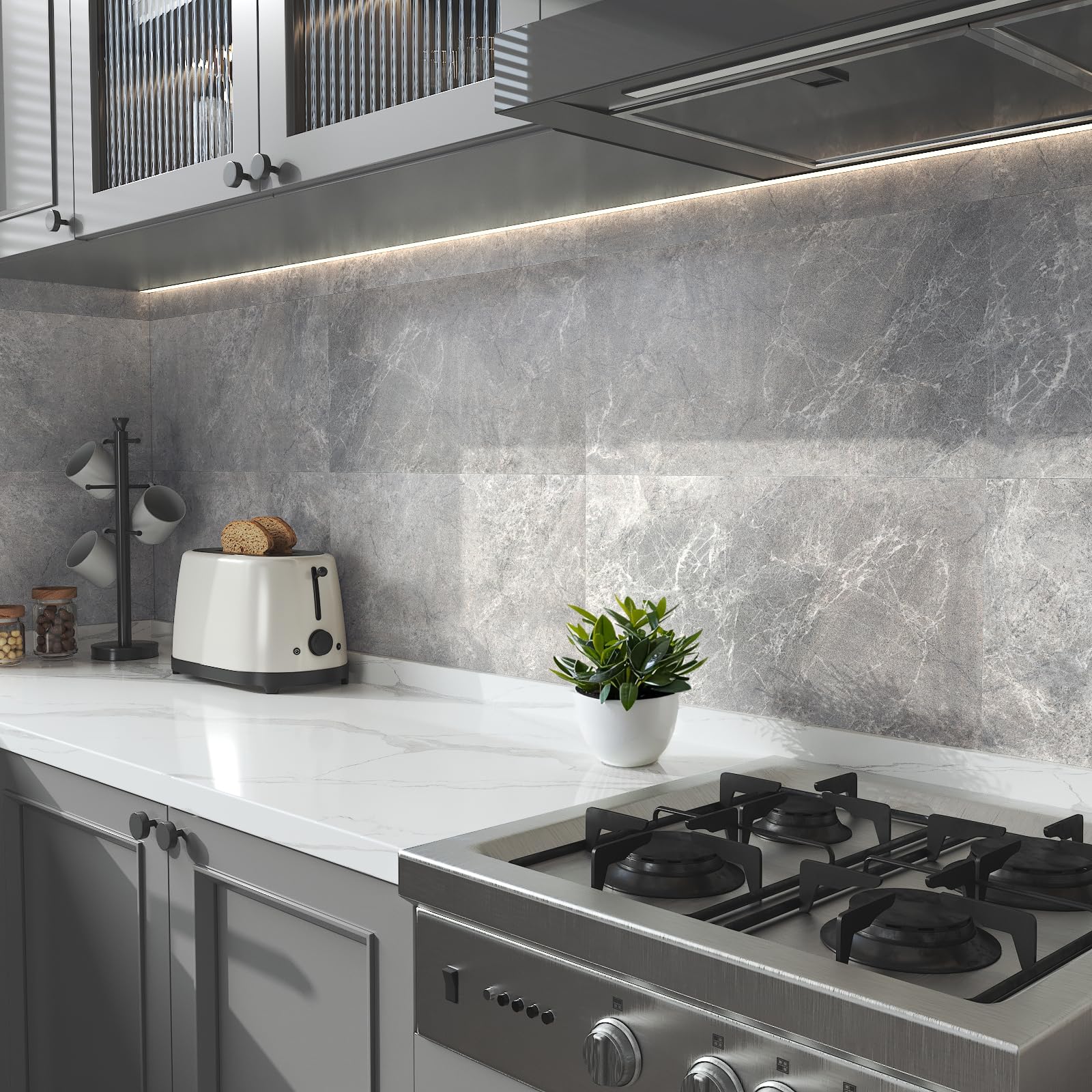 FunStick 30X60CM 15 Dalles PVC Adhesives Sol Marbre Gris Dalles Autocollantes pour Sol Cuisine Salle de Bain Étanche Carrelage Adhesif Mural Credence Adhesive pour Cuisine Effet Pierre Béton Gris PVC