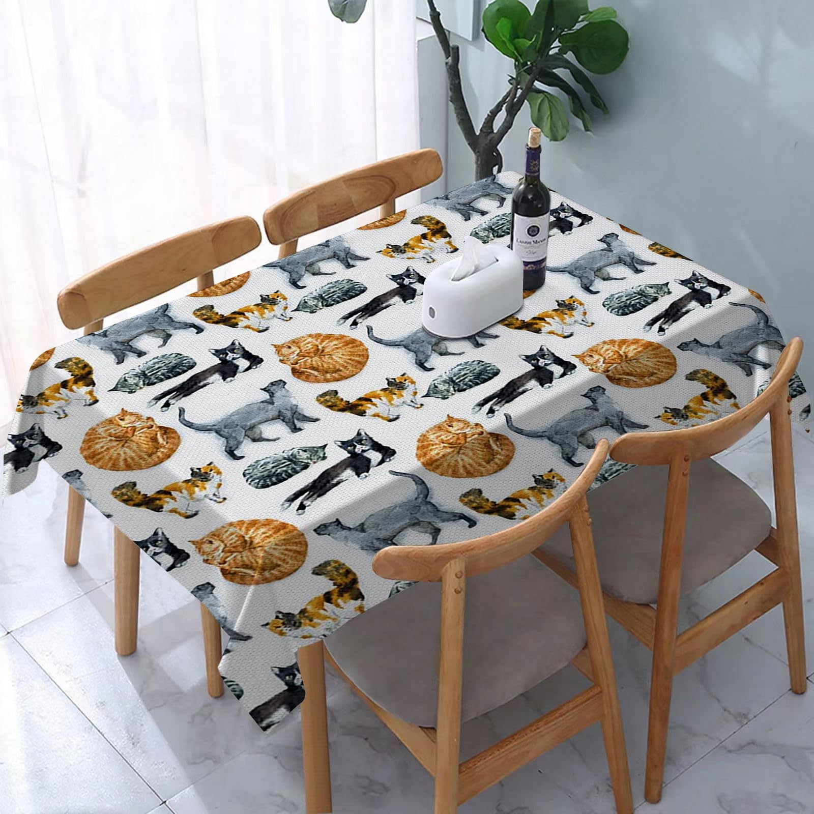 Tablecloth Wipeable PVC Plastic,Cat Cute Cats Kitten Watercolor Cat Family Gray Ye,Table Cloth Wipe Clean Wipe Clean Waterproof Square Table Cover Protector for Kitchen Picnic Outdoor Indoor 183x137cm