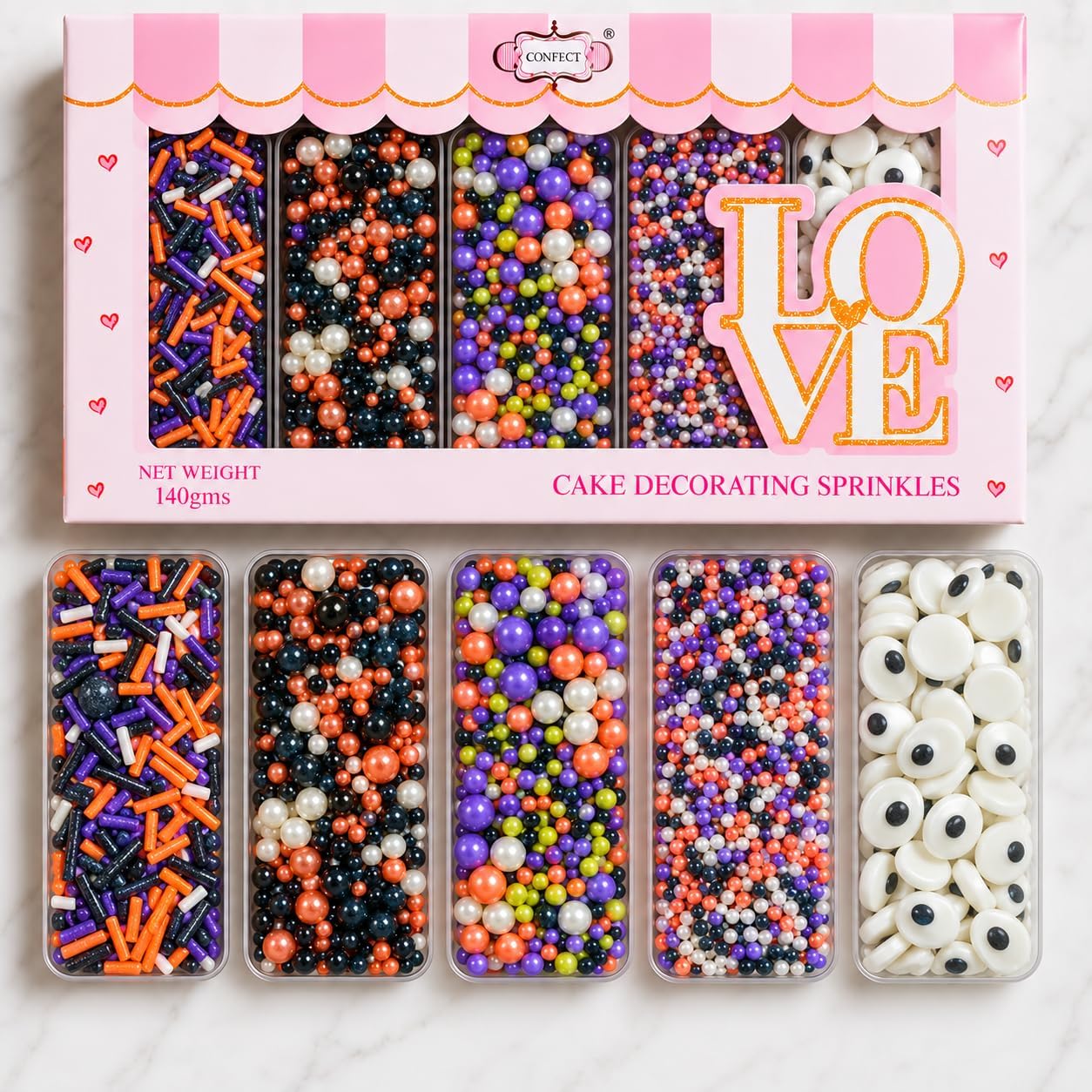 Confect Sprinkles – Edible Mix of Silver, Orange, Irish Purple & Black Dragees and Vermicelli with Spooky Eyeball Candy | Treat With Trick Halloween – Fun Cake & Cupcake Decoration for Halloween Treats- 140 Gms