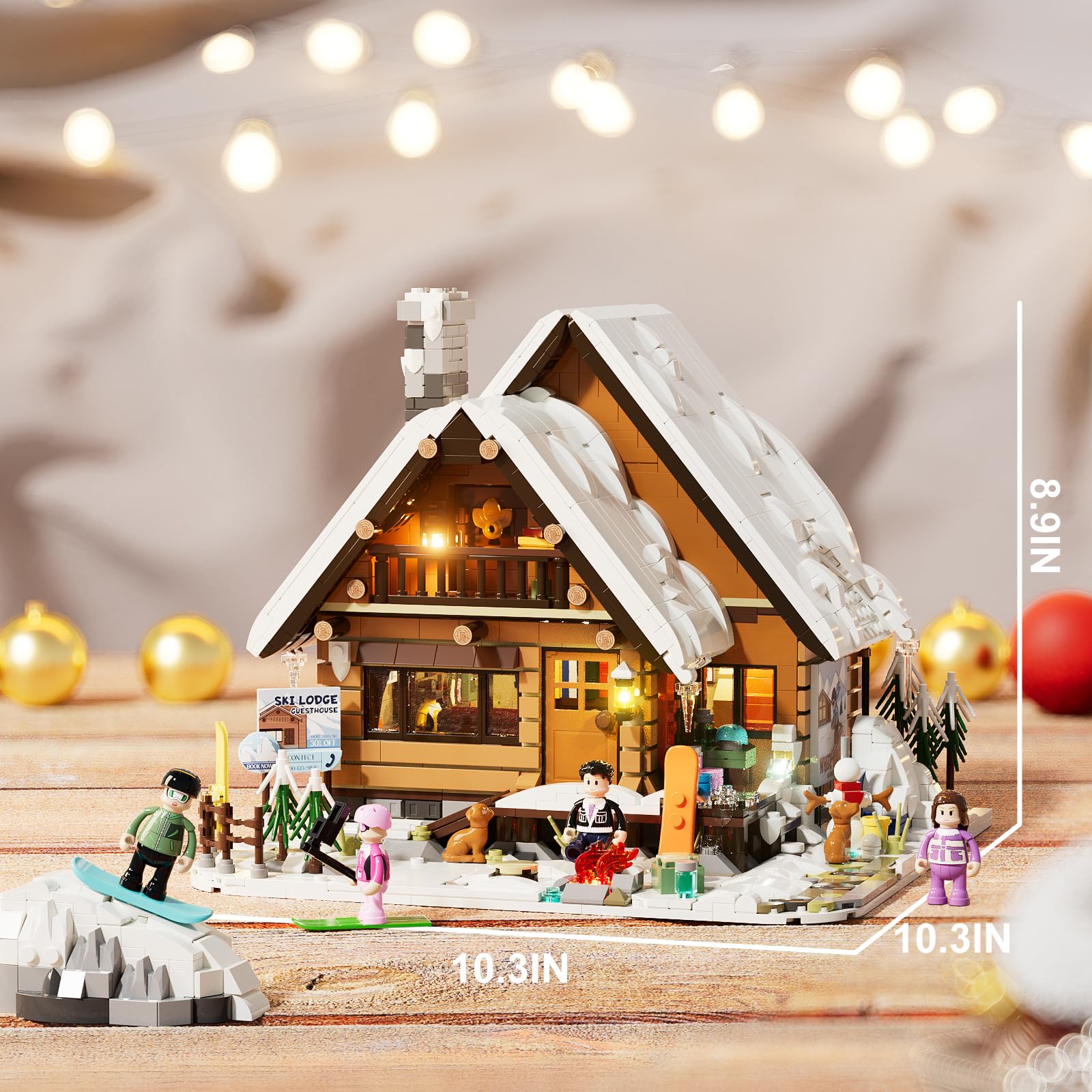LUMIBRICKS Domek narciarski z oświetleniem LED, 2187 elementów, zestaw zimowy dla dorosłych, nordycki domek wakacyjny z kominkiem, ogniskiem, sceną narciarską i 4 mini figurkami