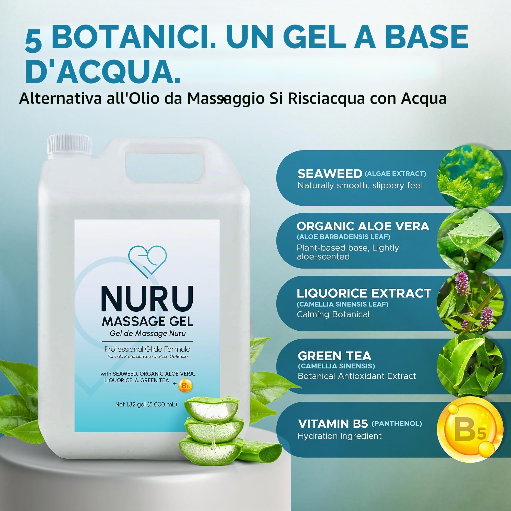 Gel da Massaggio Nuru 5000ml, Alternativa all Olio da Massaggio, Aloe Vera Bio, Alga, Te Verde, Liquirizia e Vitamina B5, Base Acqua, Senza Parabeni e Glicerina, Formula Corpo a Corpo