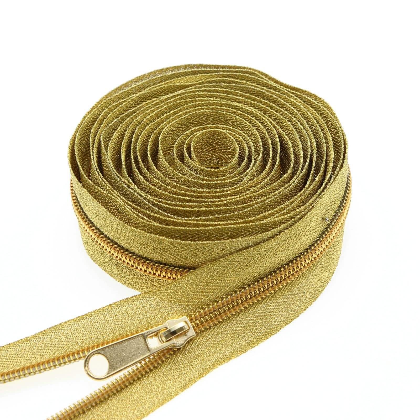 5# Gold Metallic Nylon Coil Zippers by The Yard, Bulk Gold Zipper Tape 10 Yards with 20Pcs Pulls for DIY Sewing Craft Bags YIGUANXIN