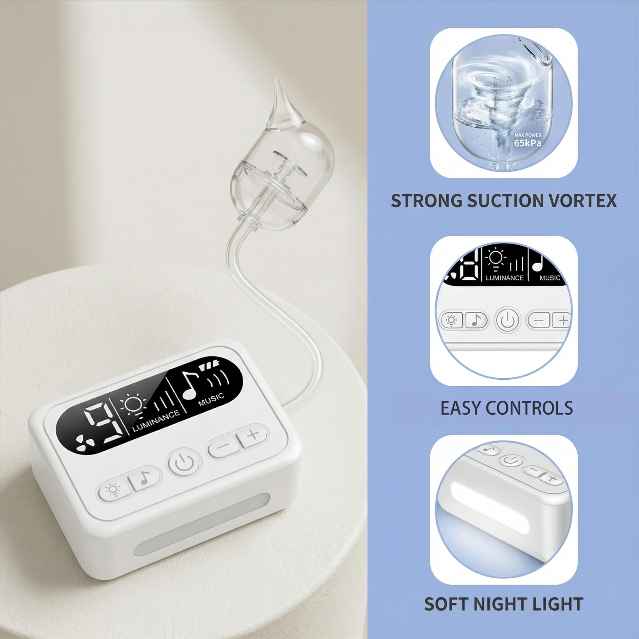 Elizia ETSA608 - Aspirador nasal eléctrico para bebé, 9 niveles de succión y 3 cabezas, lechones de nariz para niños pequeños y recién nacidos, con luz calmante y canciones de cuna, succión fuerte