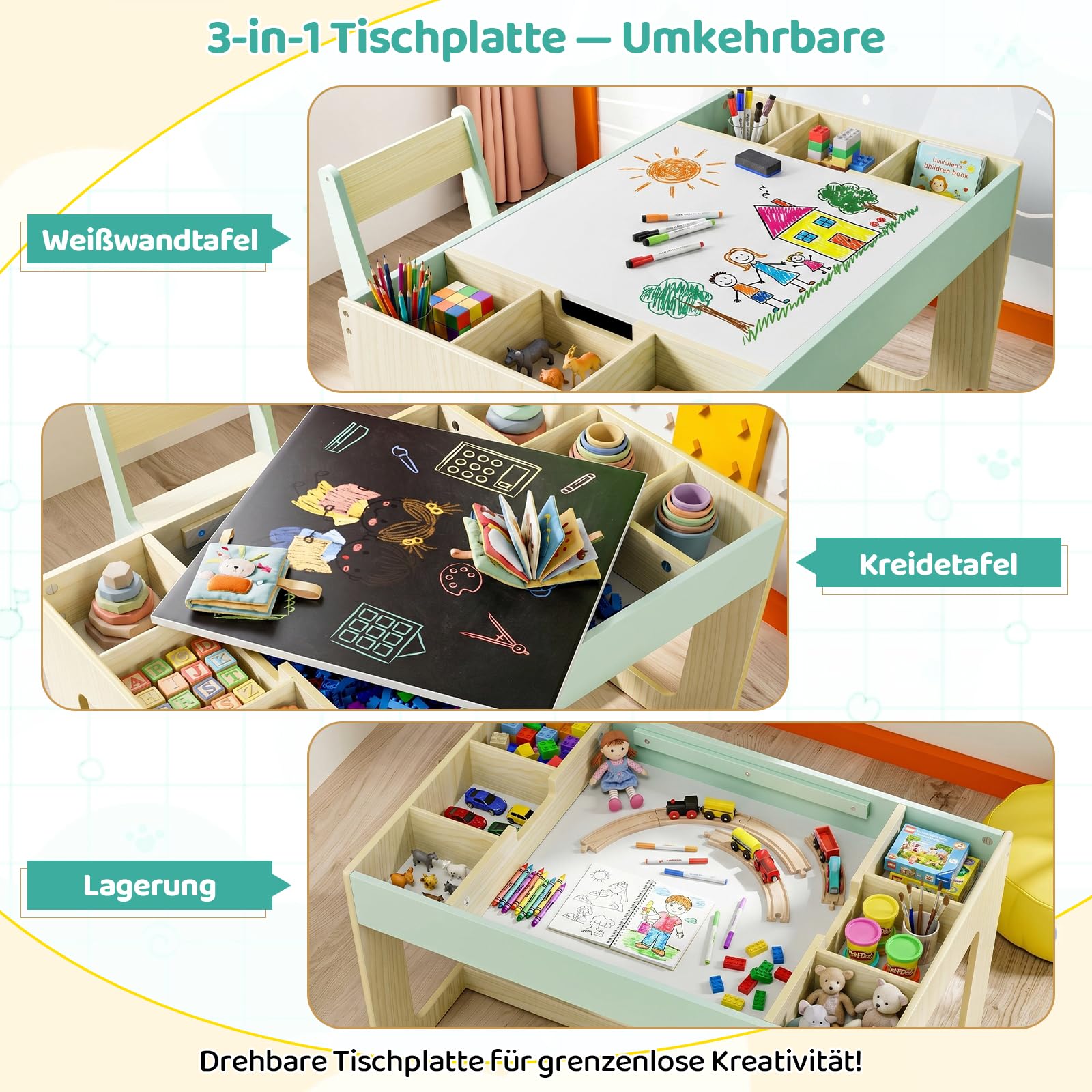 MAMIZO Table Enfant avec Rangement, Table Enfant en Bois avec 2 Chaises, avec Plateau de Réversible, pour la Garderie l'école, Dessiner Jouer, Bureau pour 3 Ans +, Couleur de Bois avec Vert