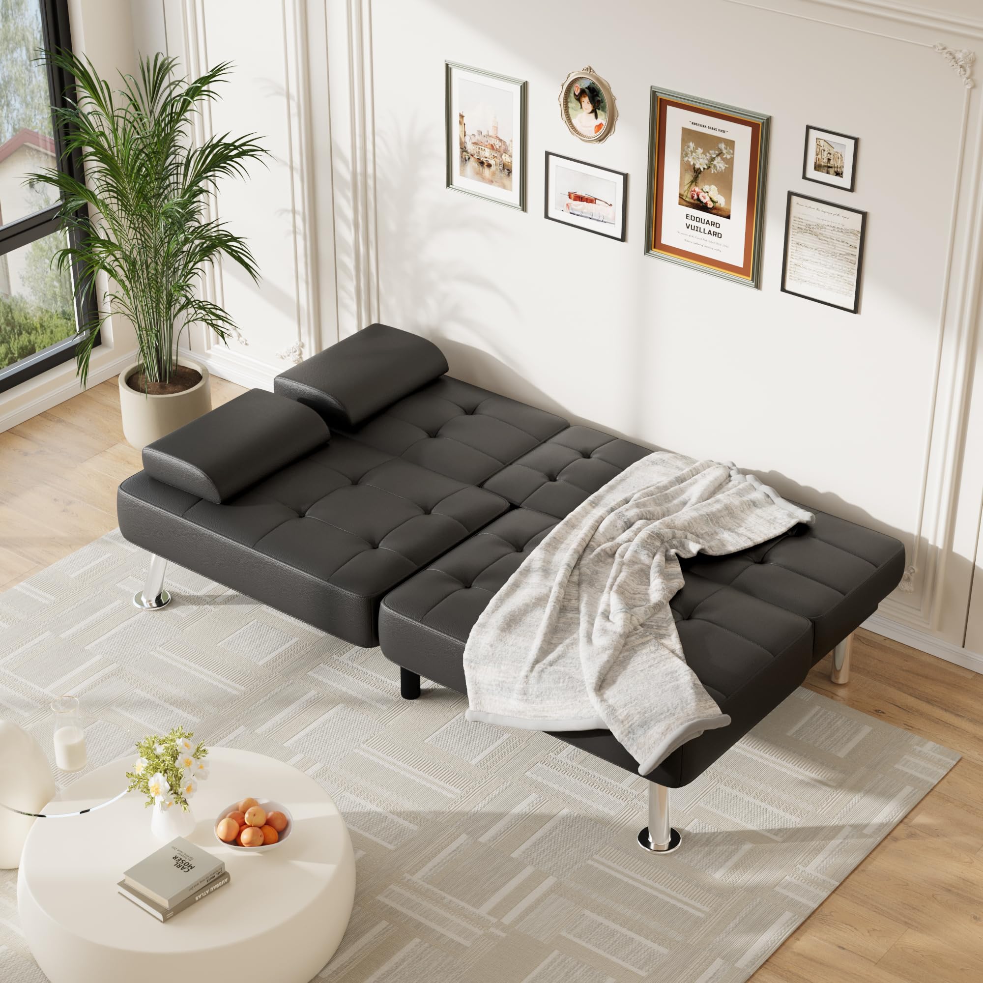Furmax Leather Futon Sofa Bed, Adjustable Futon Couch for Living Room | Sleeper Sofa Bed with 2 Cup Holders, Reclining Futon Loveseat for Apartment, Business Office & Small Spaces | Black