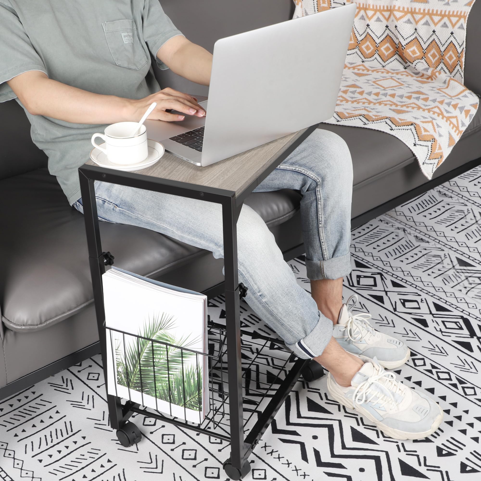 Shinoske Adjustable C Table - C Shaped Side Table with Wheels for Living Room and Bedroom,with Storage Mesh Basket,Slide Under Sofa Table or Use as Laptop Table,C Table End Table,Grey