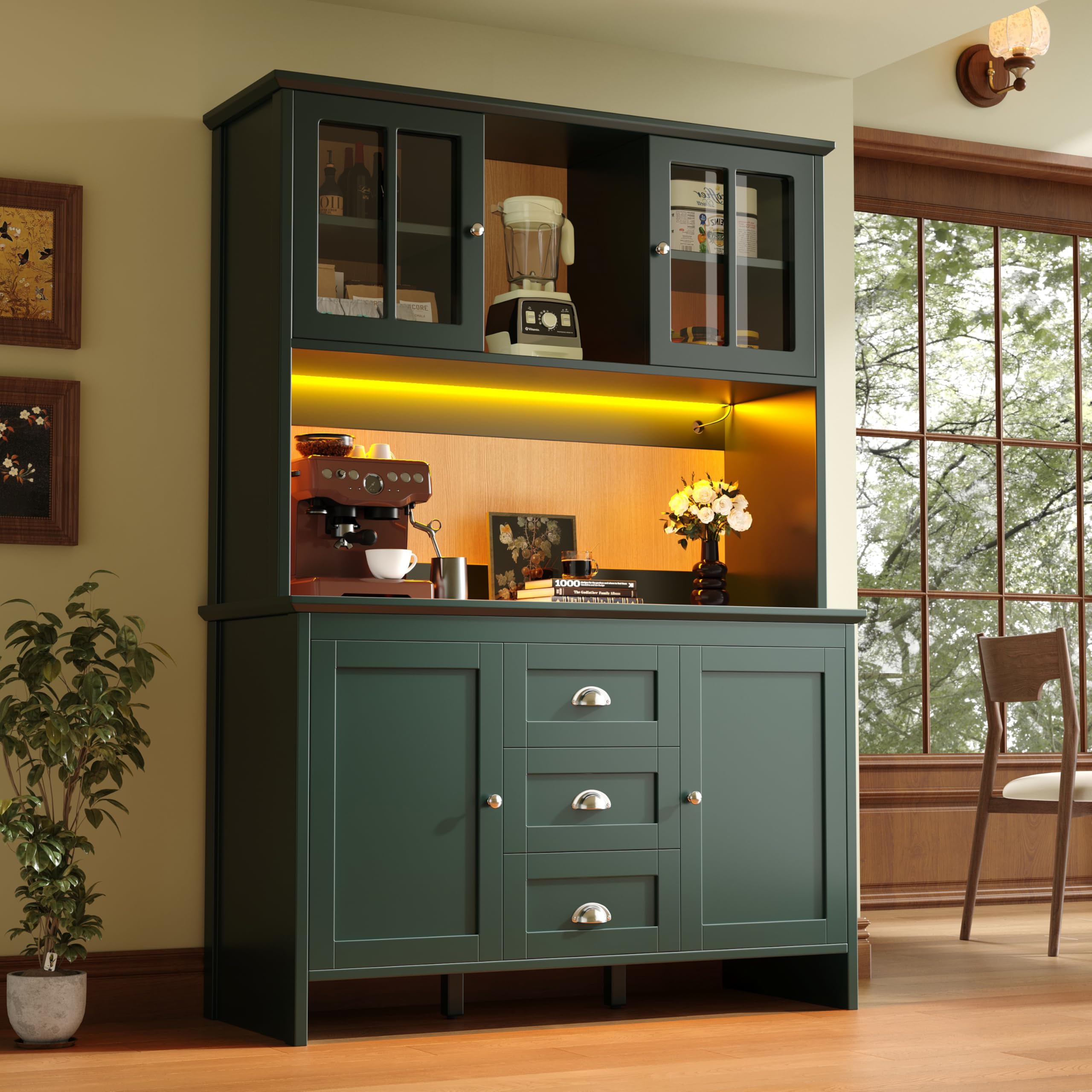 Armadio a buffet, alto da cucina, credenze, con ante in vetro marrone e illuminazione a LED, 4 ante e 3 cassetti, per cucina, sala da pranzo, 120 x 40 x 179 cm (verde)