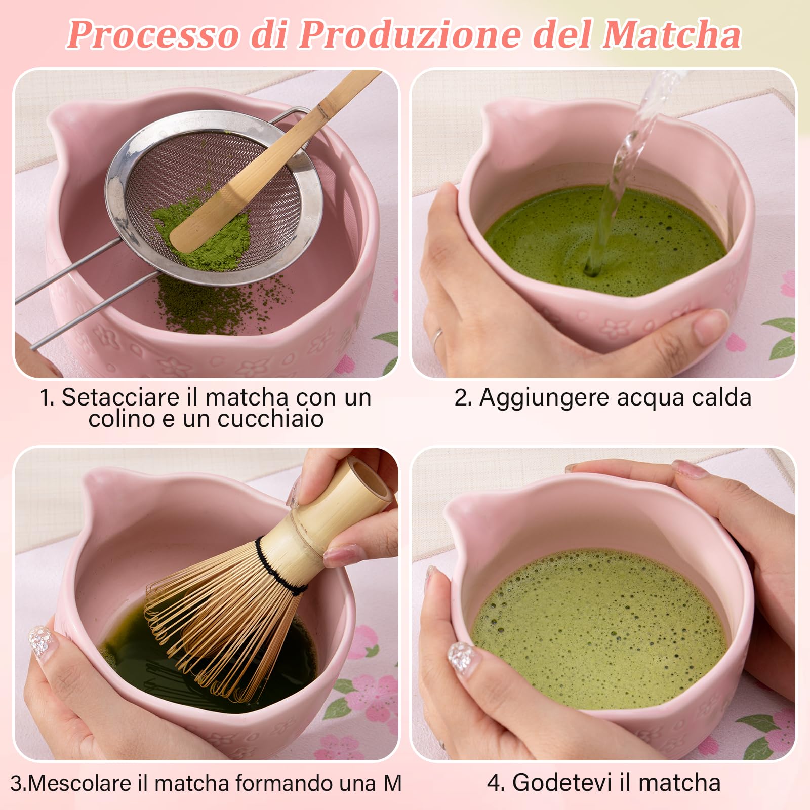Matcha Kit - Matcha Set 7 pezzi: ciotola in ceramica, frusta e portafrusta, cucchiaio in bambù e porta in ceramica, colino, strofinaccio, regali per principianti e appassionati con elegante scatola
